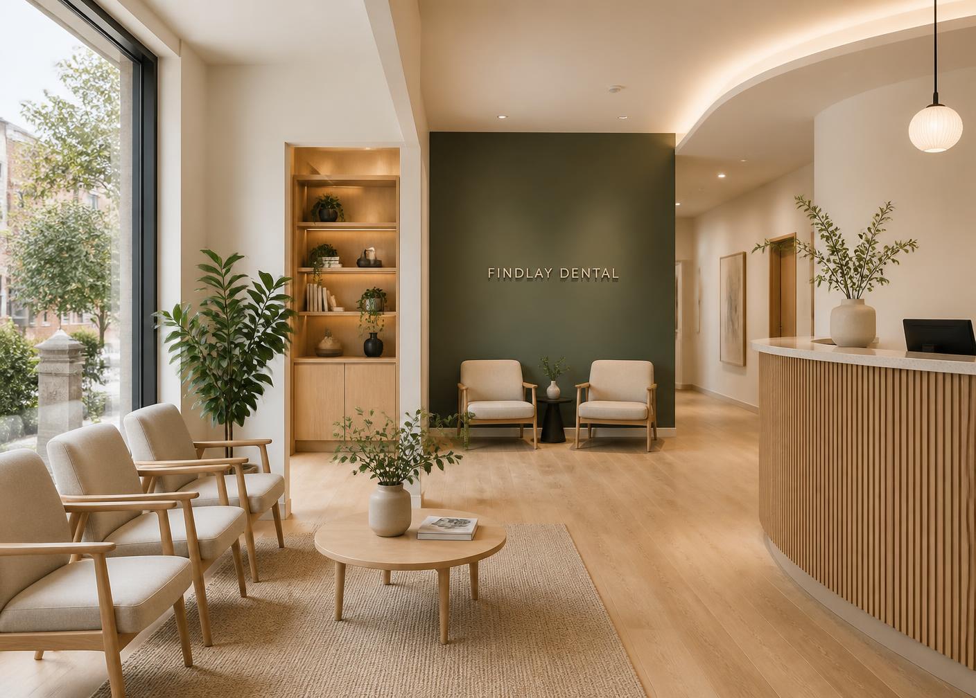 The warm, light-filled waiting area of the Luma Dental clinic in The Hague