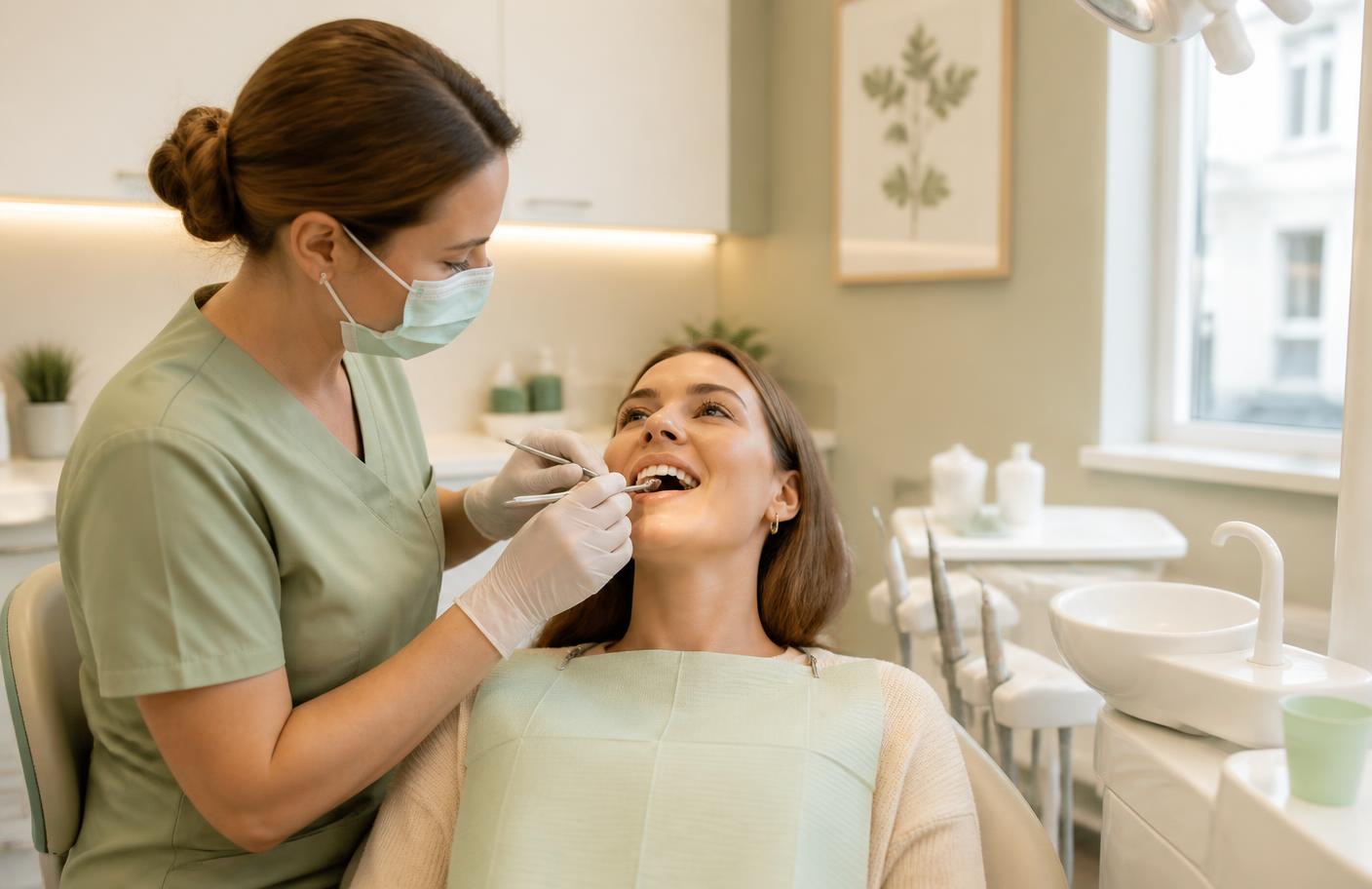 A hygienist treating a calm patient in a bright treatment room at Luma Dental